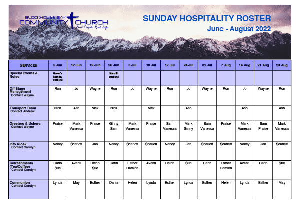 Hospitality Roster Jun-Aug 2022