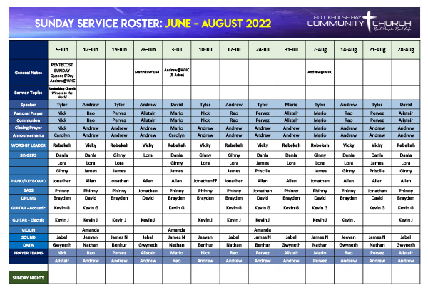 Sunday Service Roster Jun-Aug 2022