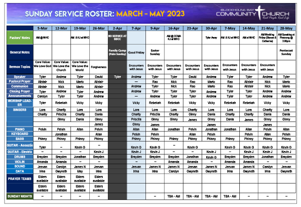 Sunday Service Roster March-May 2023 - thumbnail