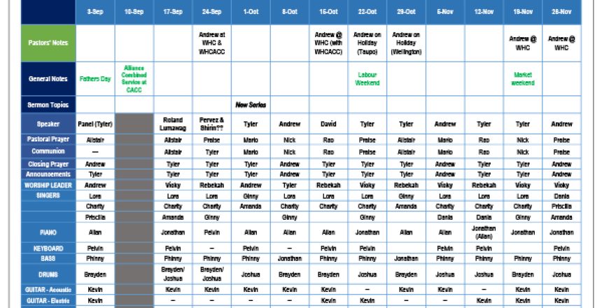 Sunday Service Roster Sep-Nov 2023